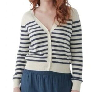 Pact Classic Fine Knit Cardigan, Button-Up V-Neck, Navy Striped - Womens XXXL